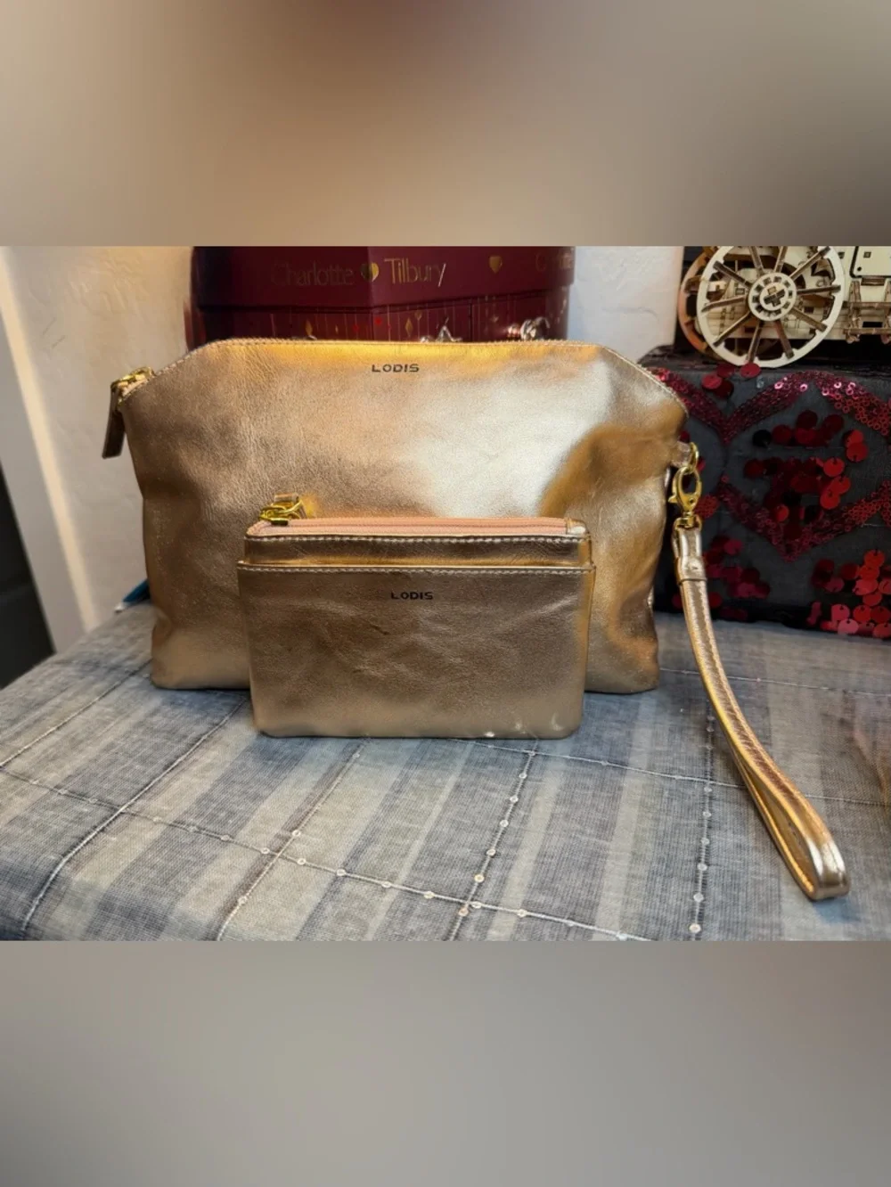 Lodis Metallic Rose Gold Leather Pouch & Coin Wallet 2pc Set